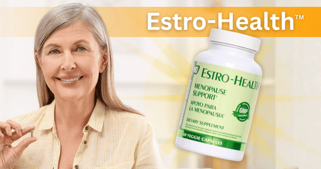 Woman in her 50s smiling and holding a capsule next to a bottle of Estro-Health, a menopause support supplement