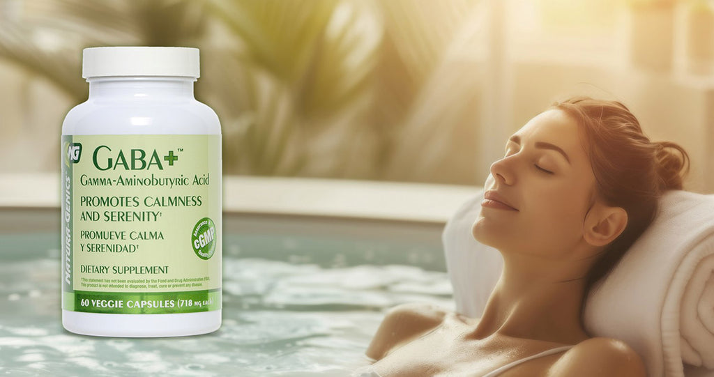 Woman relaxing in warm bath or hot tub with eyes closed. A bottle of GABA+ supplement is displayed next to her.