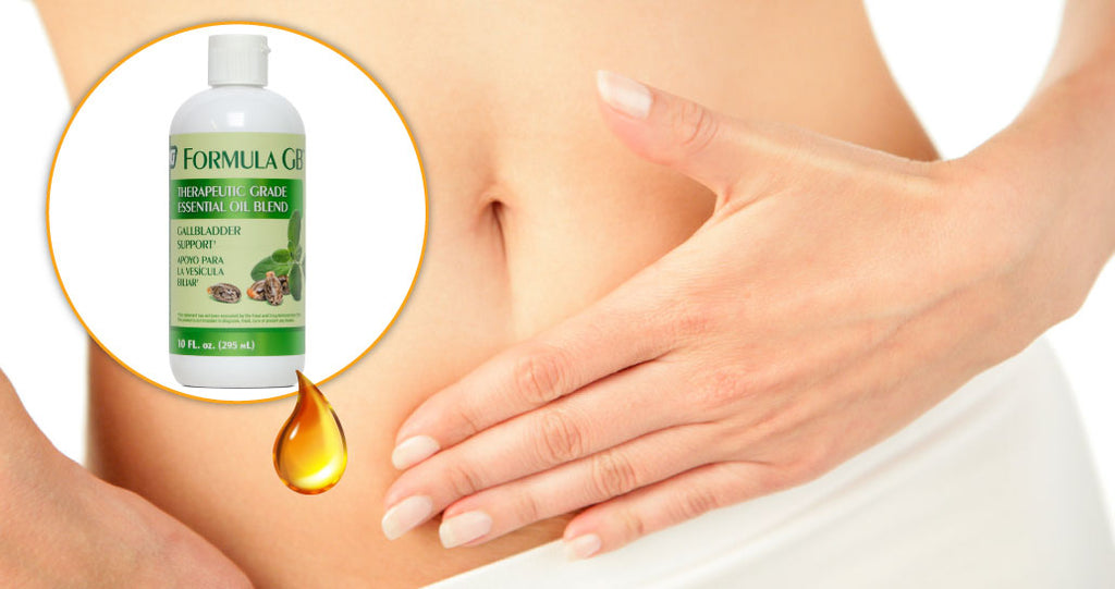 Woman's torso with hands on abdomen next to bottle of herbal essential oil "Formula GB" with golden droplet, suggesting topical application for gallbladder pain relief