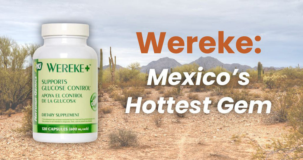 Bottle of Wereke supplement over a desert in Mexico 