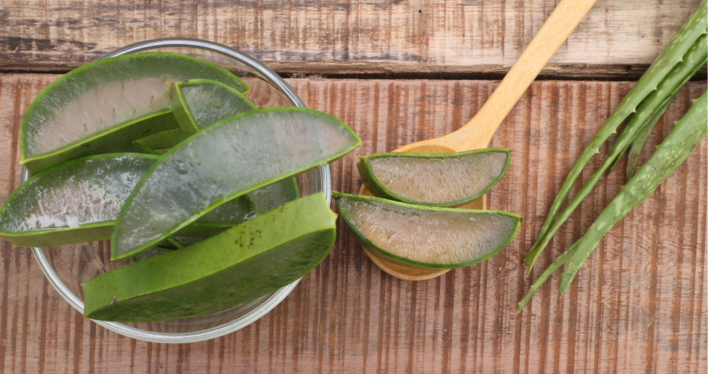 Fresh aloe vera leaves and gel on a wooden surface. A glass bowl contains sliced aloe leaves, while whole leaves and a wooden spoon with aloe gel are arranged nearby, showcasing the natural ingredients used in aloe vera supplements.