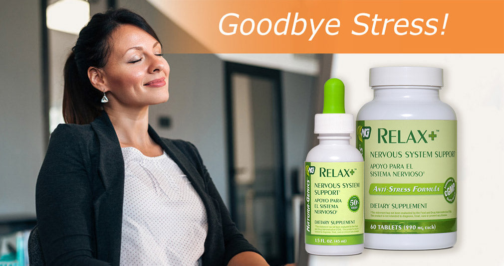 Woman in business attire with eyes closed and a gentle smile, taking a deep breath to calm down, with images of Relax+ bottles and the words 'Goodbye Stress' superimposed