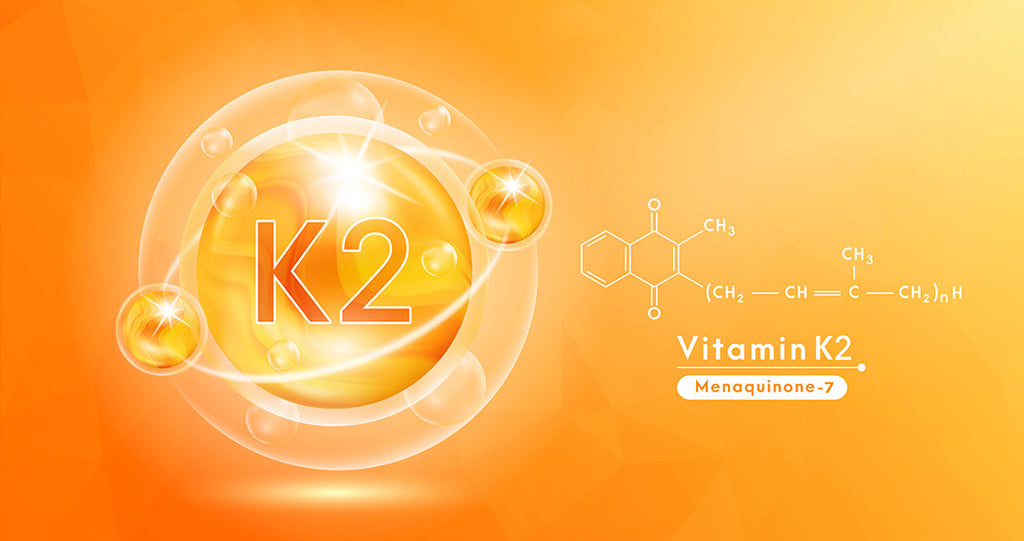 Scientific illustration featuring the molecular structure of Vitamin K2, also labeled as menaquinone-7