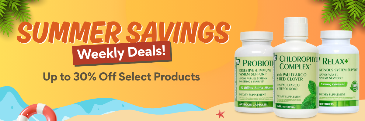 Summer Savings Weekly Deals with bottle of probiotics, chlorophyll, and relax supplement on beach setting