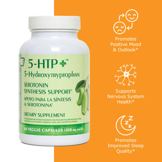 5-HTP Supplement bottle with health icons, promotes positive mood, supports nervous system health, promotes improved sleep