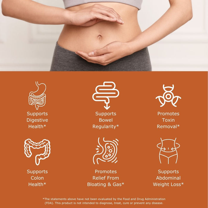Person holding their stomach with health benefits icons on a brown background that read supports digestive health, supports bowel regularity, promotes toxin removal, supports colon health, promotes relief from bloating and gas, supports abdominal weight loss