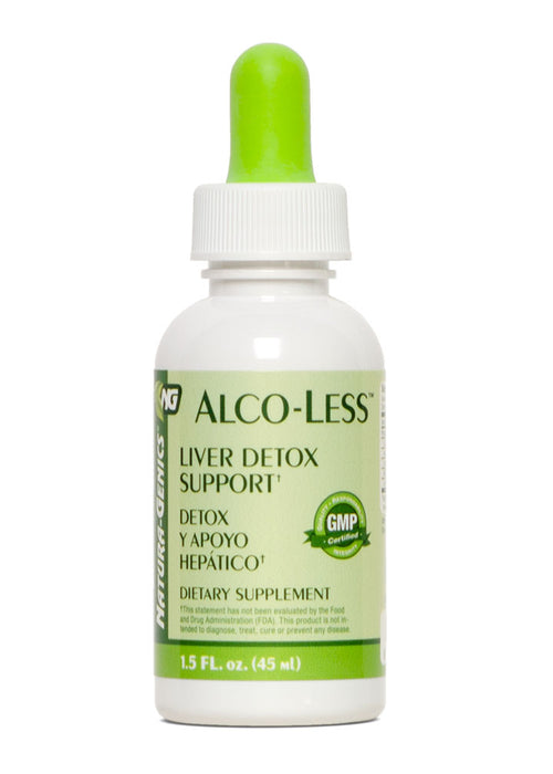 Natura-Genics Alco-Less liver detox support supplement bottle with green dropper on a white background