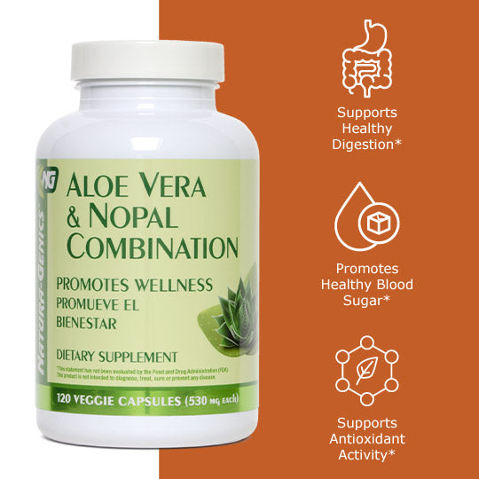 Aloe Vera nopal supplement with benefit icons, supports healthy digestion, promotes healthy blood sugar, supports antioxidant activity