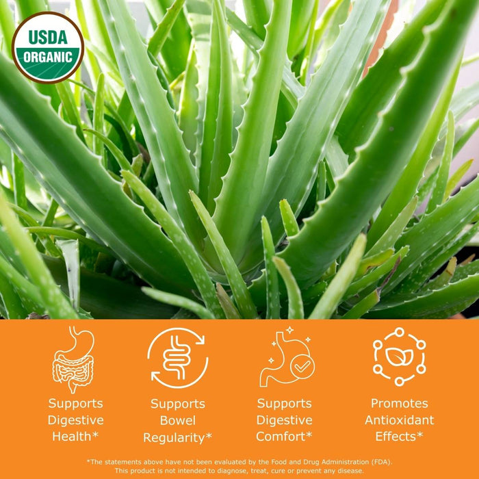 Aloe vera plant with USDA Organic label and health benefits text on an orange background that read supports digestive health, supports bowel regularity, supports digestive comfort, promotes antioxidant effects.