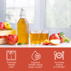 Apple cider vinegar with apples and benefit icons, promotes weight loss, supports healthy blood sugar levels, promotes feeling of fullness