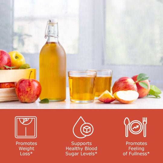 Apple cider vinegar with apples and benefit icons, promotes weight loss, supports healthy blood sugar levels, promotes feeling of fullness