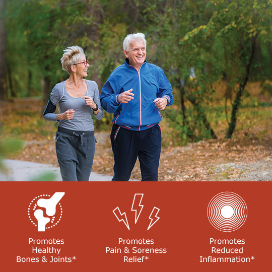 Man and woman running with benefit icons, promotes healthy bones and joint, promotes relief of pain and soreness, promotes reduced inflammation