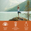 Woman doing yoga at a lake with benefit icons, promotes stress relief, supports nervous system health, promotes tension relief