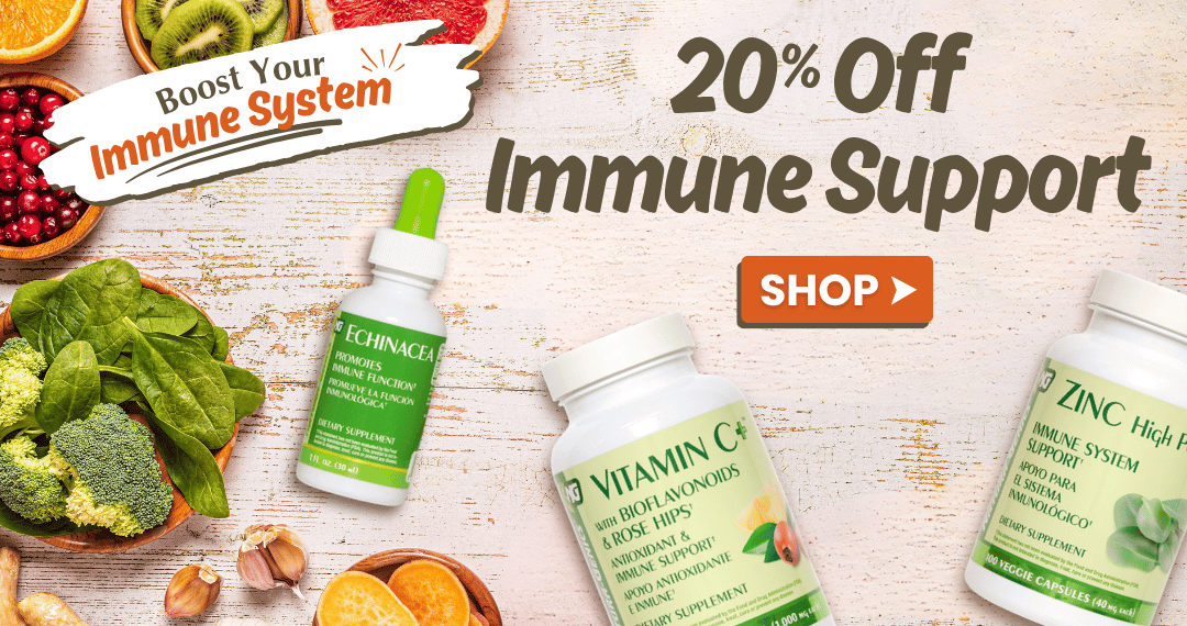 Bottle of echinacea liquid supplement, vitamin C , and zinc, on a wooden surface next to immune-boosting foods like kiwi, broccoli, garlic, and grapefruit with a 20% off announcement for immune support supplements