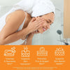 Woman washing her face with a towel on her head, with icons and text about skincare benefits.