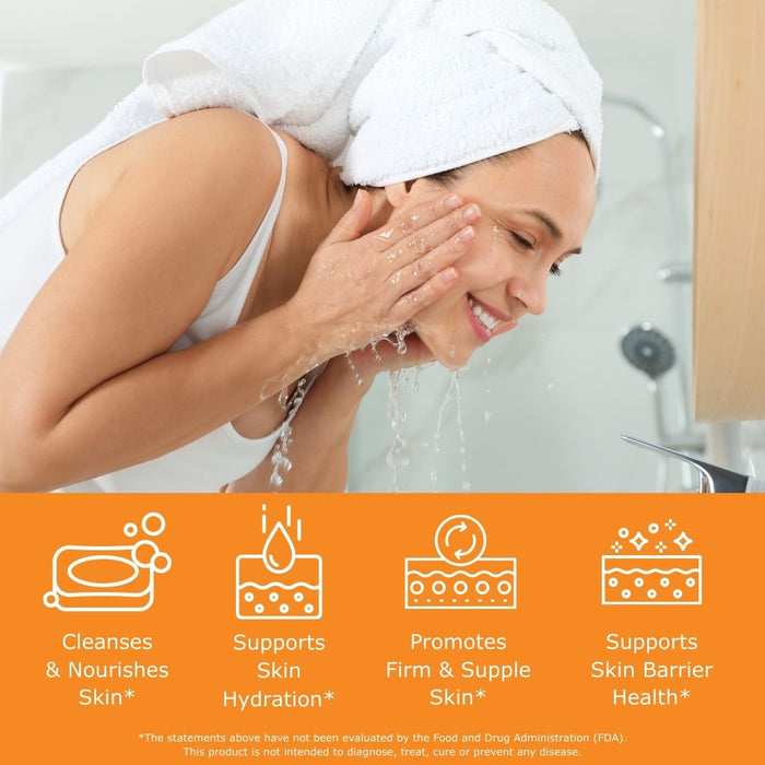 Woman washing her face with a towel on her head, with icons and text about skincare benefits.