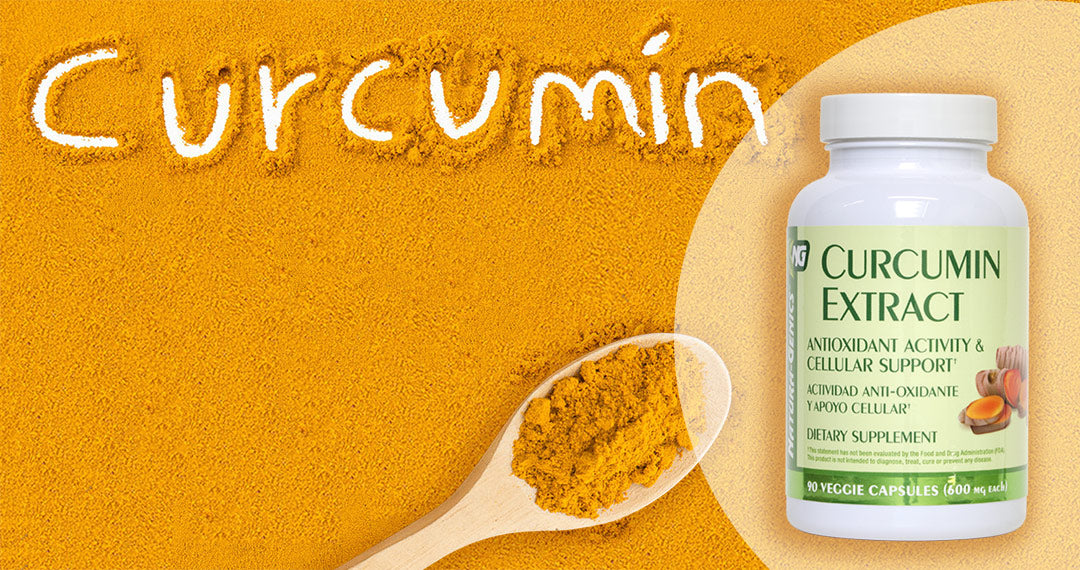 Bottle of Curcumin Extract supplement laying on turmeric powder with a wooden spoon next to it 