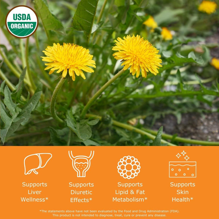 Yellow dandelions labeled USDA Organic Seal with benefit icons supports liver wellness, supports diuretic effects, supports lipid & fat metabolism, and supports skin health.