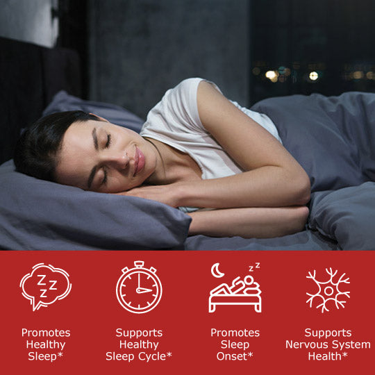 Woman sleeping with Dormimax benefit icons, healthy sleep, healthy sleep cycle, sleep onset, nervous system health
