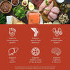Assorted foods and health benefits icons on a red background