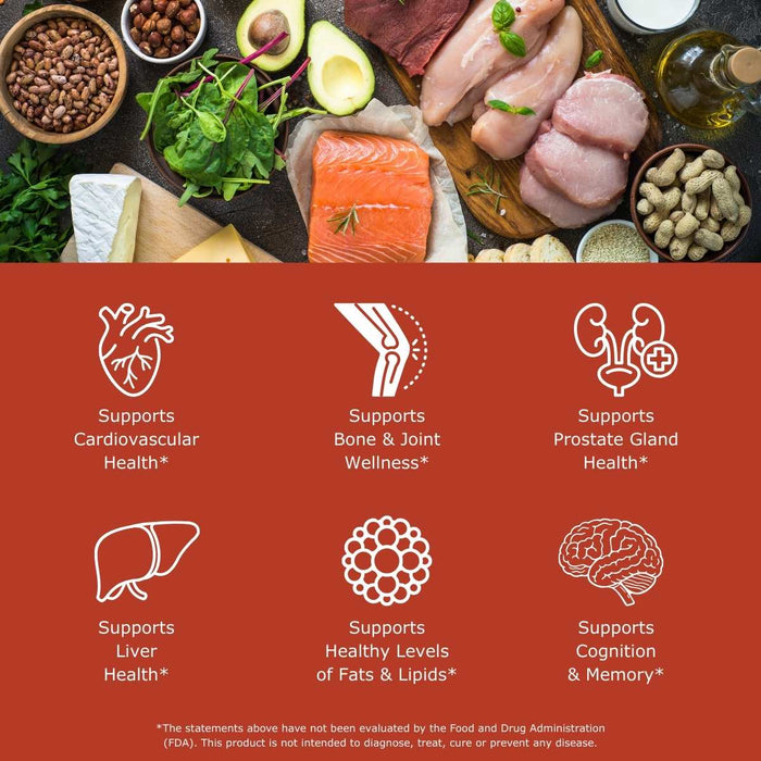 Assorted foods and health benefits icons on a red background
