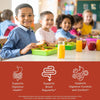 Group of children during lunch eating a sandwich with benefit icons supports digestive health, supports bowel regularity, supports digestive function and comfort