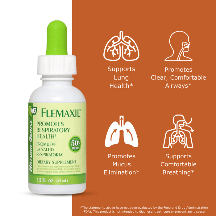 Flemaxil dietary supplement bottle with health benefits on an orange background. Benefits read supports lung health, promotes clear, comfortable airways, promotes mucus elimination, supports comfortable breathing.
