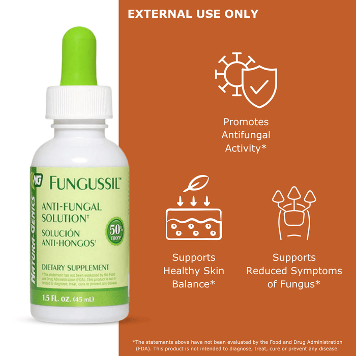 Fungussil anti-fungal topical solution with benefit icons that read promotes antifungal activity, support healthy skin blanace, supports reduced symptoms of fungus