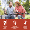 Man and woman riding bike with benefit icons promotes joint health, supports cartilage and bone health, promotes flexibility and mobility