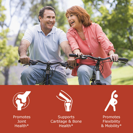 Man and woman riding bike with benefit icons promotes joint health, supports cartilage and bone health, promotes flexibility and mobility