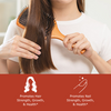 Woman brushing her hair with benefit icons, promotes hair strength, growth, and health and promotes nail strength, growth, and health