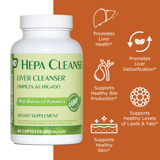 Bottle of Hepa Cleanser supplement with benefit icons, promotes liver health, promotes liver detox, supports bile production, supports healthy levels of fats and lipids, supports healthy skin 