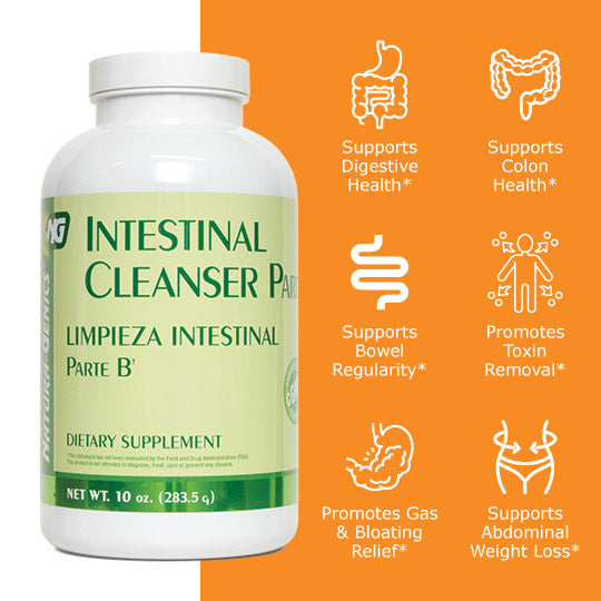 Bottle of Intestinal Cleanser part B powder with benefit icons: supports digestive health, supports colon health, supports bowel regularity, promotes toxin removal, promotes gas and bloating relief, supports abdominal weight loss