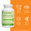 L-Lysine supplement bottle with orange background and text highlighting benefits supports immune activity, promotes canker and cold sore relief, promote antioxidant activity, supports protein synthesis.