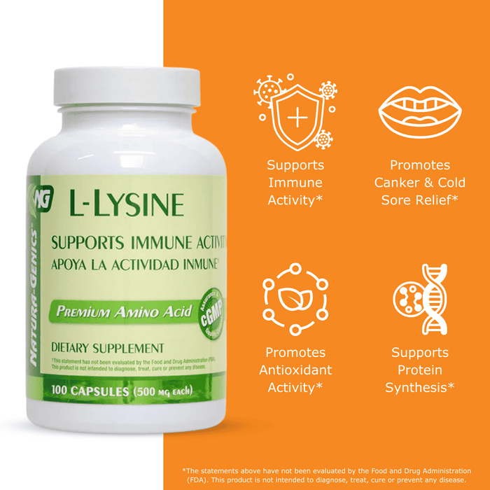 L-Lysine supplement bottle with orange background and text highlighting benefits supports immune activity, promotes canker and cold sore relief, promote antioxidant activity, supports protein synthesis.