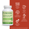 L-Arginine supplement bottle with health benefits on a red background that read supports circulatory system, supports heart wellness, supports physical stamina and performance, supports post-exercise muscle recovery, supports male sexual health.