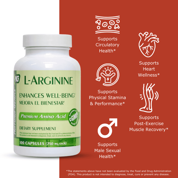 L-Arginine supplement bottle with health benefits on a red background that read supports circulatory system, supports heart wellness, supports physical stamina and performance, supports post-exercise muscle recovery, supports male sexual health.