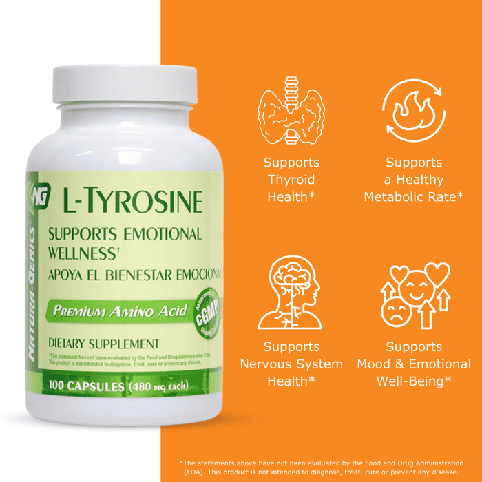 L-Tyrosine supplement bottle with orange background and health benefits icons that read supports thyroid function, supports a healthy metabolic rate, supports nervous system health, supports mood and emotional well-being. 