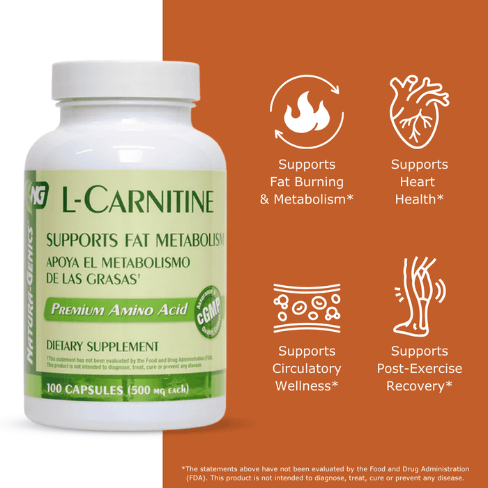 L-Carnitine supplement bottle with benefits listed on an orange background that read supports fat metabolism and burning, supports heart health supports circulatory wellness, supports post-exercise recovery.
