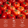 Tomatoes with benefit icons, promotes antioxidant activity, supports heart health, supports prostate gland health