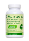A white plastic bottle of Maca Andina dietary supplement with a light green and white label, containing 60 veggie capsules.