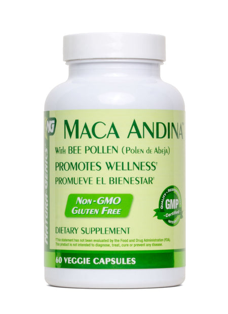 A white plastic bottle of Maca Andina dietary supplement with a light green and white label, containing 60 veggie capsules.
