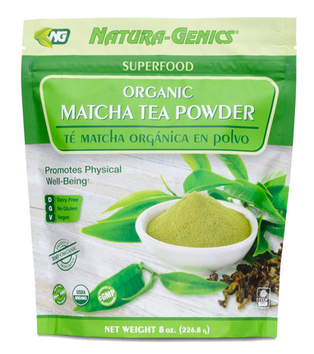 Natura-Genics Organic Matcha Tea Powder packaging with green and white design. 8 oz.