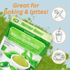 Natura-Genics Organic Matcha Tea Powder package with promotional text and icons on a green and blue gradient background. Great for baking and making lattes.