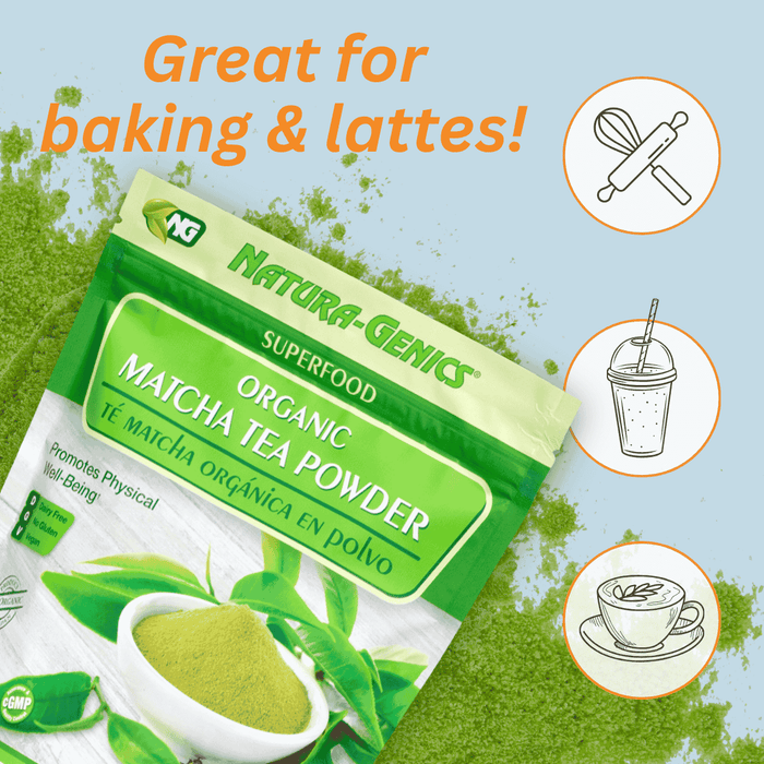 Natura-Genics Organic Matcha Tea Powder package with promotional text and icons on a green and blue gradient background. Great for baking and making lattes.