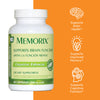 Bottle of Memorix supplement with benefit icons: supports brain health, supports improved memory, supports cognitive function 