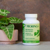Moringa in capsules supplement next to a small potted plant 