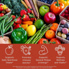 Assorted fruits and vegetables with health benefits icons and text on a red background. Benefits include supports daily nutritional intake, promotes immune activity, supports general fitness and energy, supports wellness and vitality.