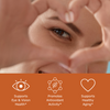 Woman making a heart over her eye with benefit icons, supports eye and vision health, promotes antioxidant activity, supports healthy aging