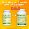 Two supplement bottles labeled GINGER+ shown on a bright yellow-orange background with promotional text. The left bottle reads 'Full Strength Extract with Ginfort' and the right bottle reads 'Full-Strength Extract with Slippery Elm. New Formula.